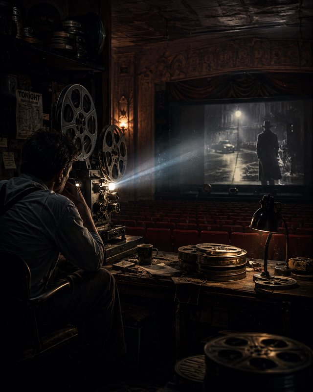 Back view of a projectionist operating a vintage reel film projector casting a light beam onto a noir movie screen in an o...