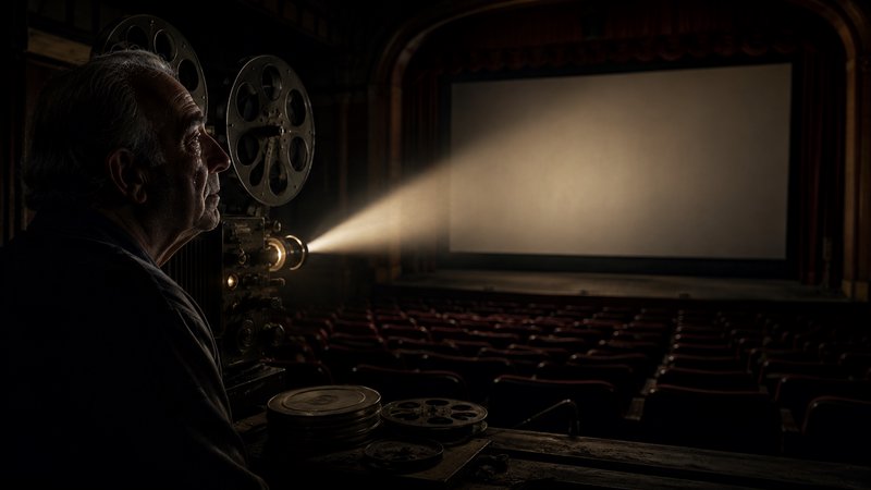 Senior projectionist stands beside vintage film projector casting a warm light beam onto an empty...