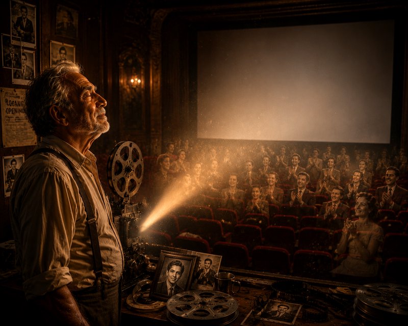 Elderly vintage projectionist stands beside a film projector, smiling as golden projection light ...