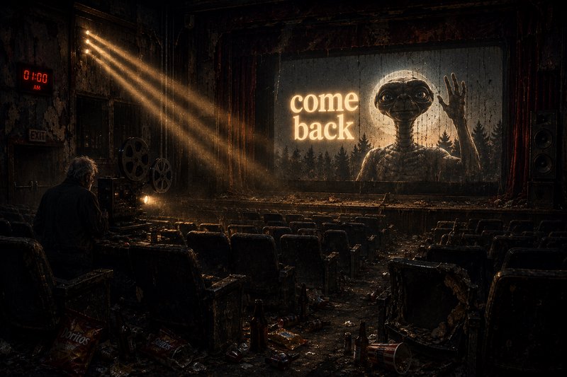 [Lone projectionist sits in a decaying littered abandoned theater, watching a waving alien on screen that reads "come back...
