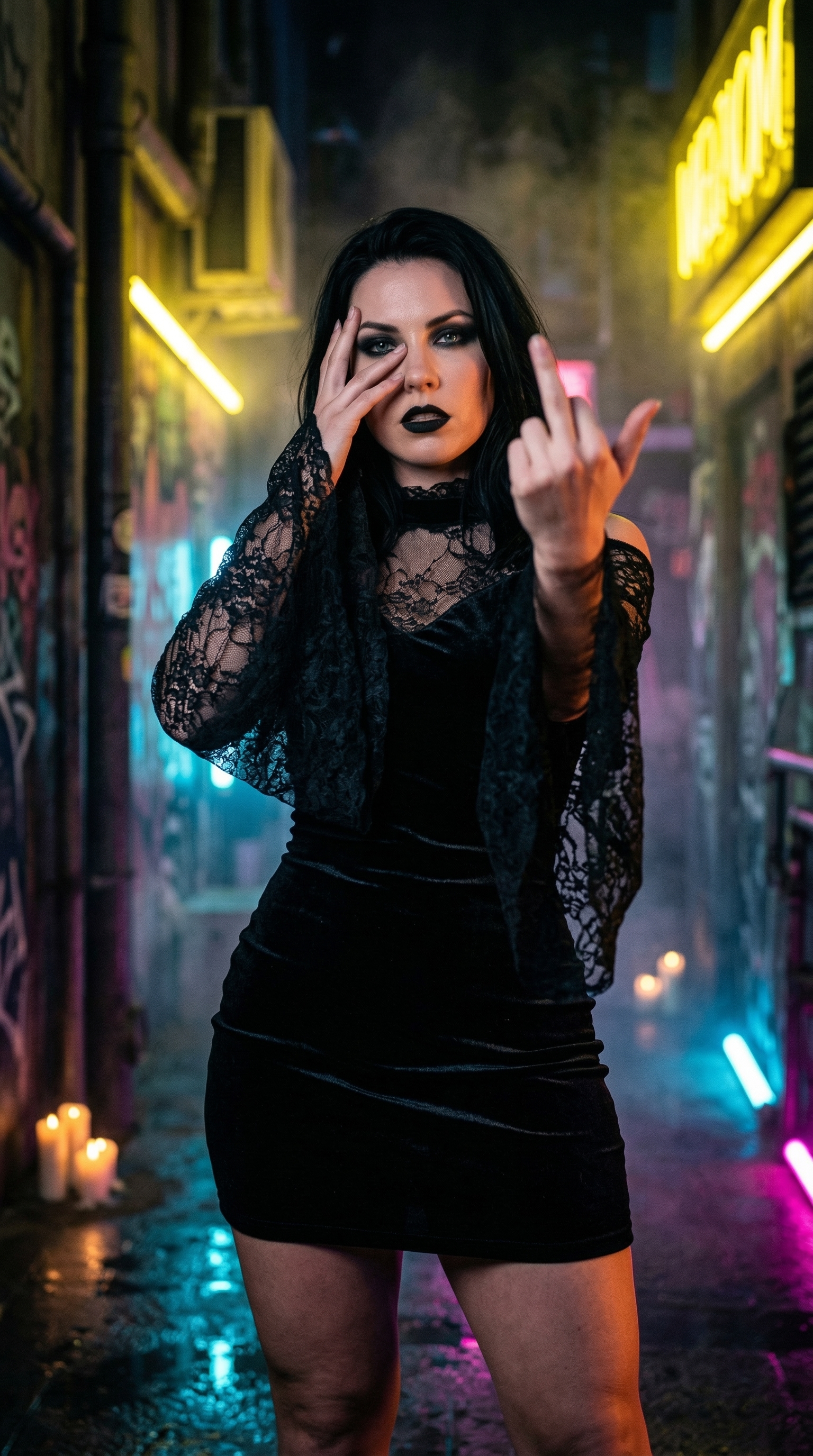Gothic woman in a black lace dress in a neon-lit alleyway, striking a bold pose.