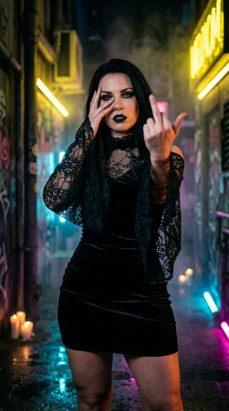Gothic woman in a black lace dress in a neon-lit alleyway, striking a bold pose.