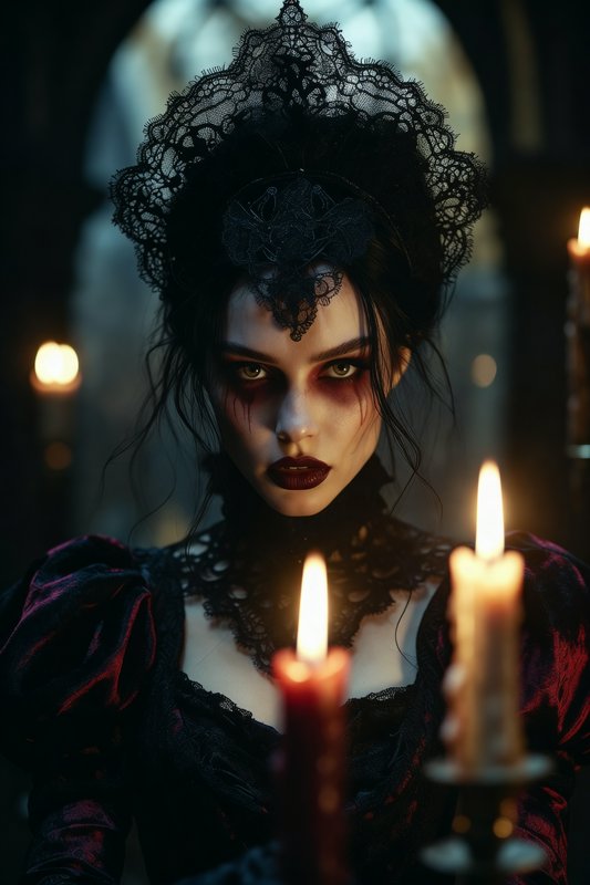 Gothic Victorian woman with lace headdress and dark makeup lit by candlelight.