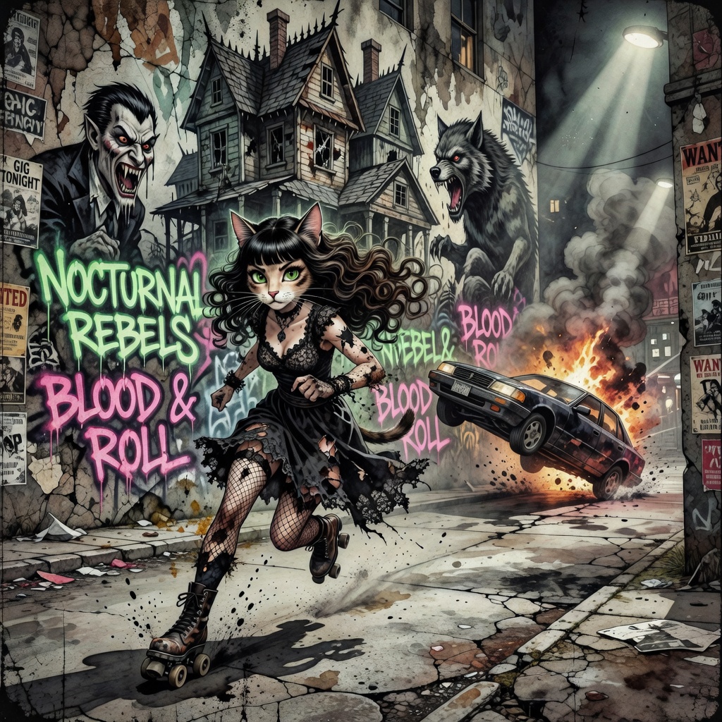 Cat-girl skateboarder in a torn black dress roams a gritty alley with graffiti, wolves, and a fiery car explosion.
