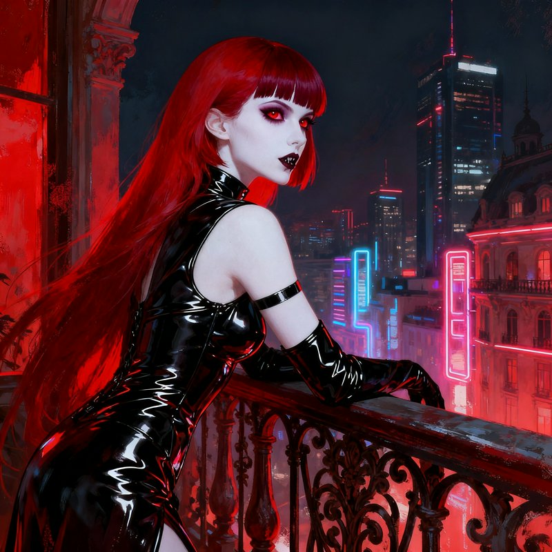 Gothic cyberpunk woman in black latex on a balcony with neon city lights behind her.