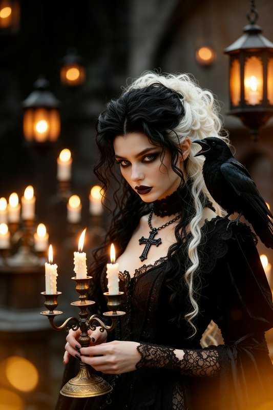 Gothic woman with black and blonde hair holding a candlelit candelabrum, raven perched on her sho...
