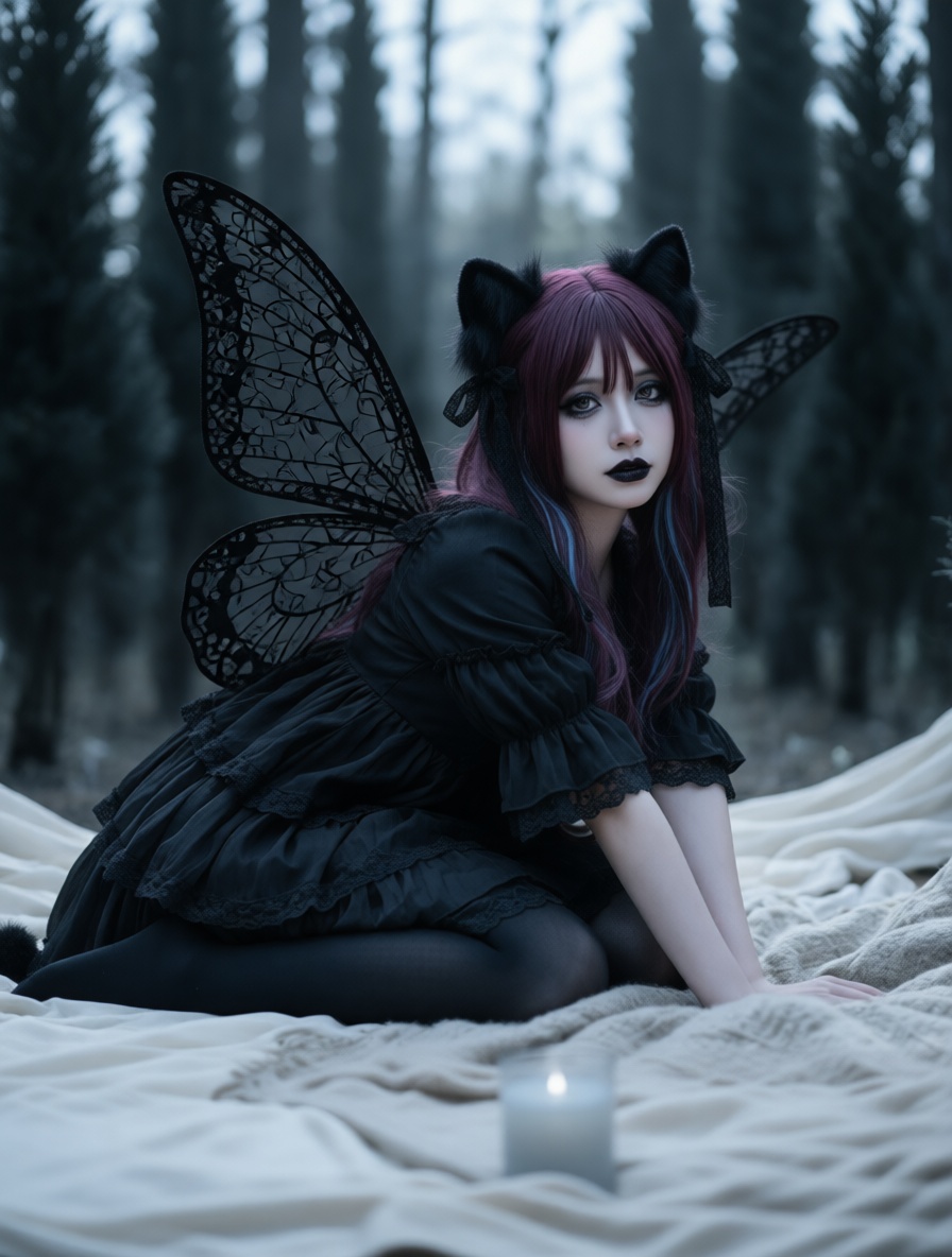 Gothic fairy cosplay with black lace wings, cat ears, and purple hair kneeling on a blanket in a misty forest.