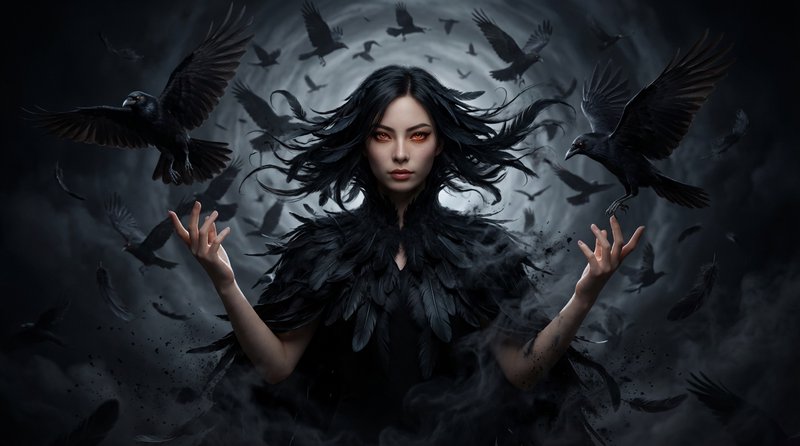 Mysterious woman in a black feather cloak with crows flying around in a dark mist.