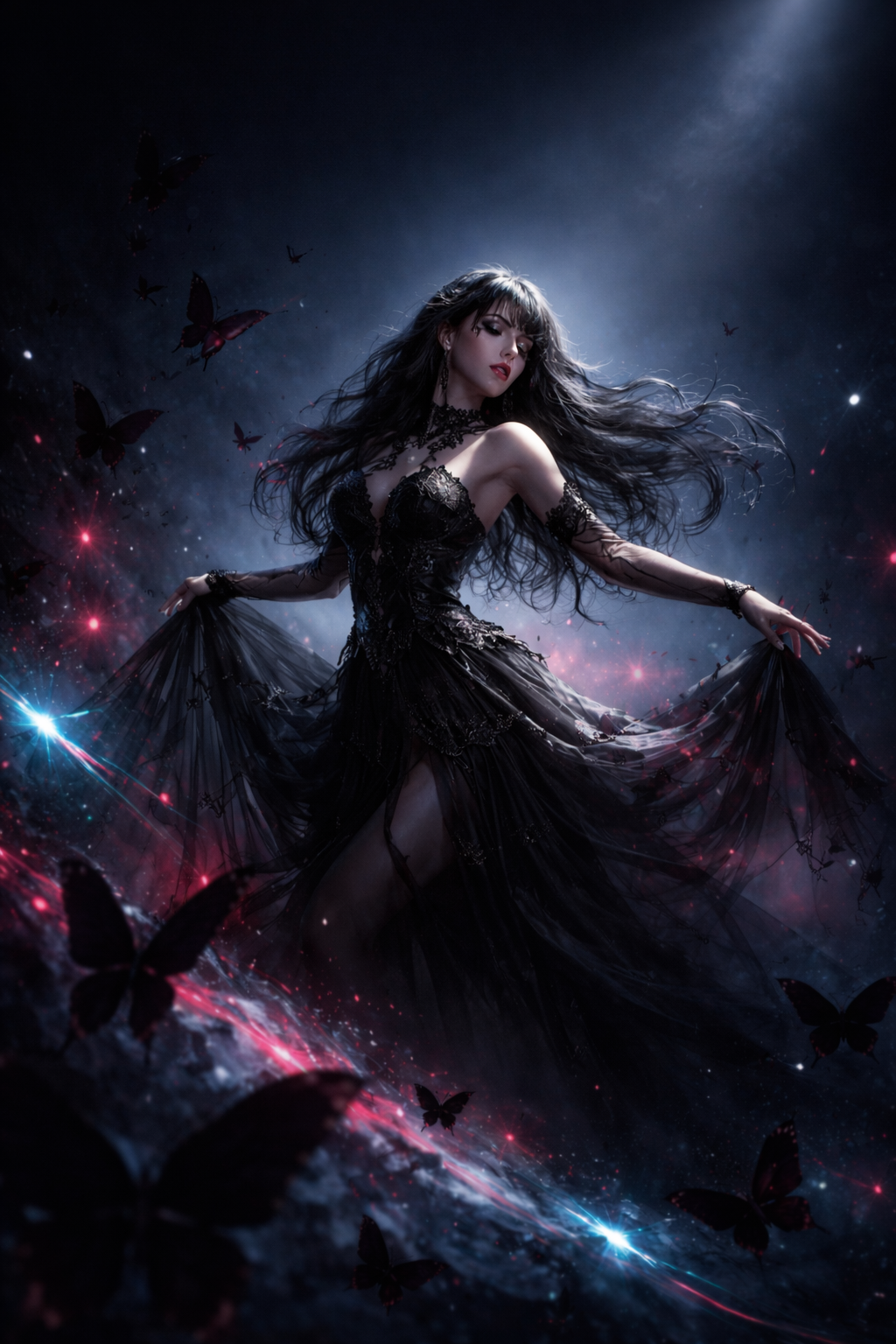 Empress of the Black Firmament - Where velvet night and starlight meet, Dark wings gather at her ...
