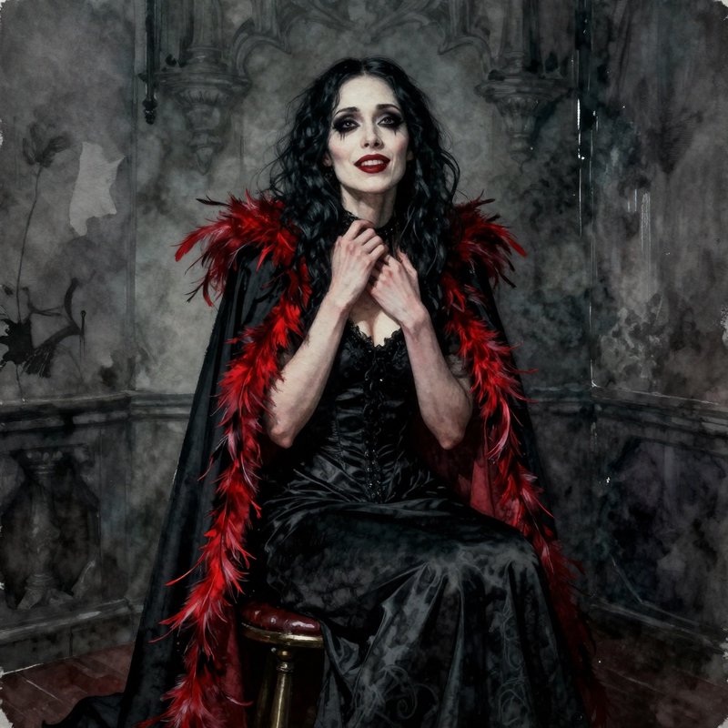 Gothic woman in a black corseted dress with a red feather cape sits in a moody, haunted room.
