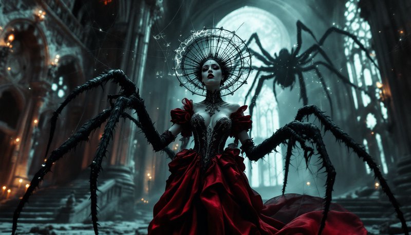 Spider queen in red gown with towering halo and long black legs in a gothic cathedral.