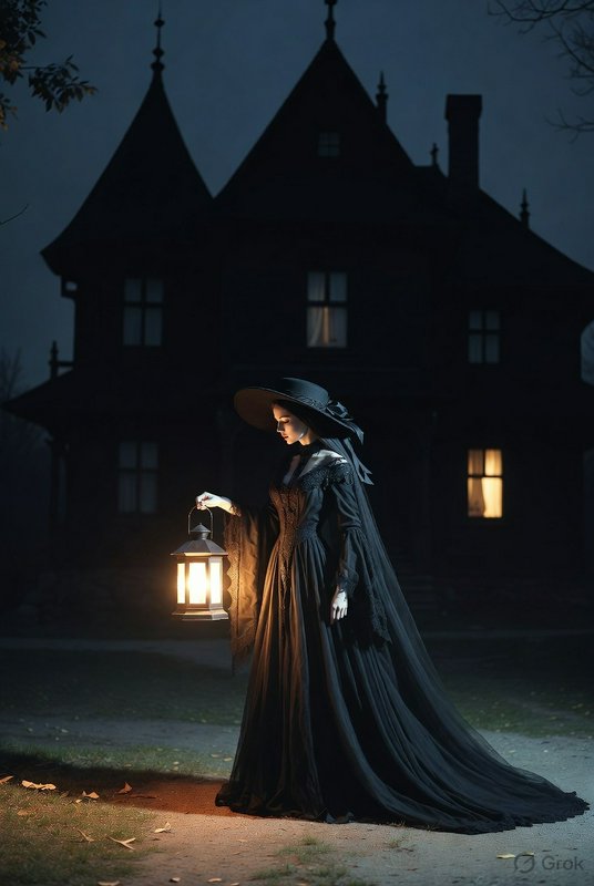 Woman in a long black Victorian gown holds a lantern outside a dark, haunted mansion at night.