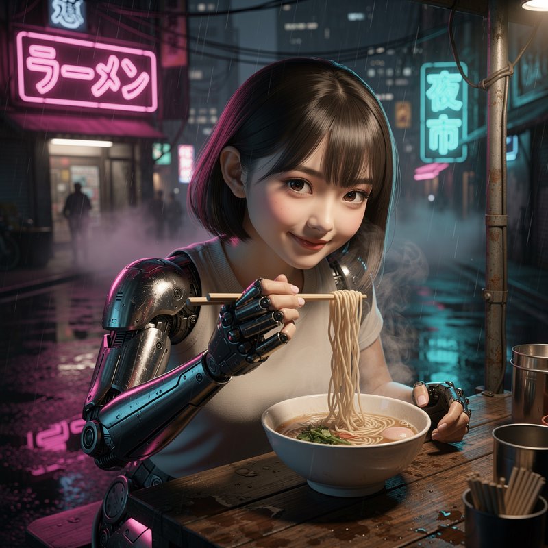 Young cyberpunk woman with robotic prosthetic arms eats ramen at a rainy neon Tokyo street stall ...