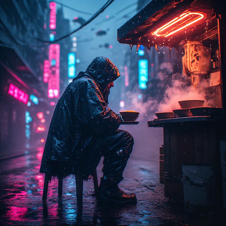 [Hooded figure eats steaming noodles at a neon street food stall on a rainy foggy cyberpunk city alley at night]