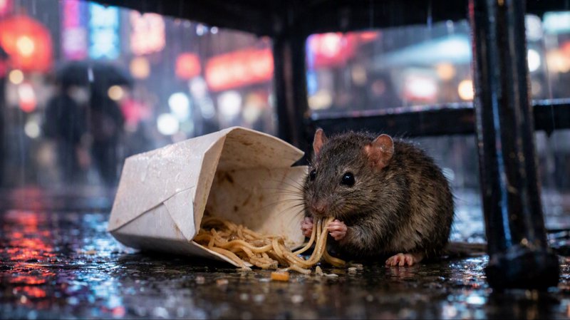 [Brown wild rat eats takeout noodles from a discarded box on a rain-soaked city sidewalk at night, blurred neon street bac...