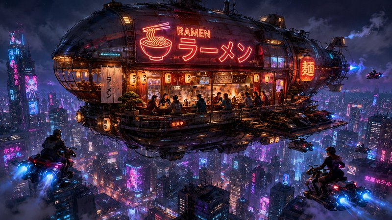 Retro-futuristic floating ramen airship restaurant hovers over neon cyberpunk megacity at night, ...