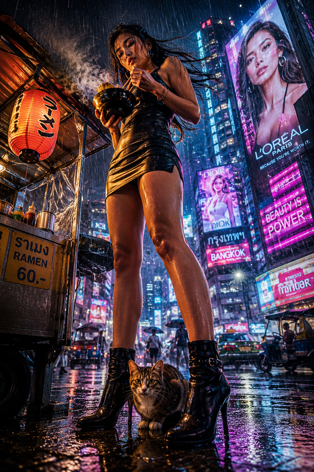 Low angle shot of woman eating ramen beside a tabby cat at a rainy neon-lit Bangkok street food stall at night.