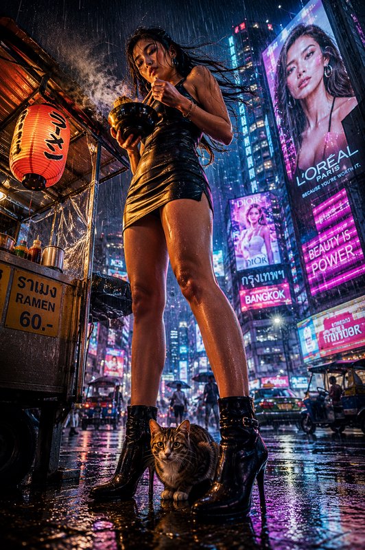 Low angle shot of woman eating ramen beside a tabby cat at a rainy neon-lit Bangkok street food s...