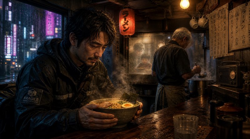 Rain-soaked traveler holds a steaming ramen bowl at a cozy dim Tokyo ramen stall, neon city visib...