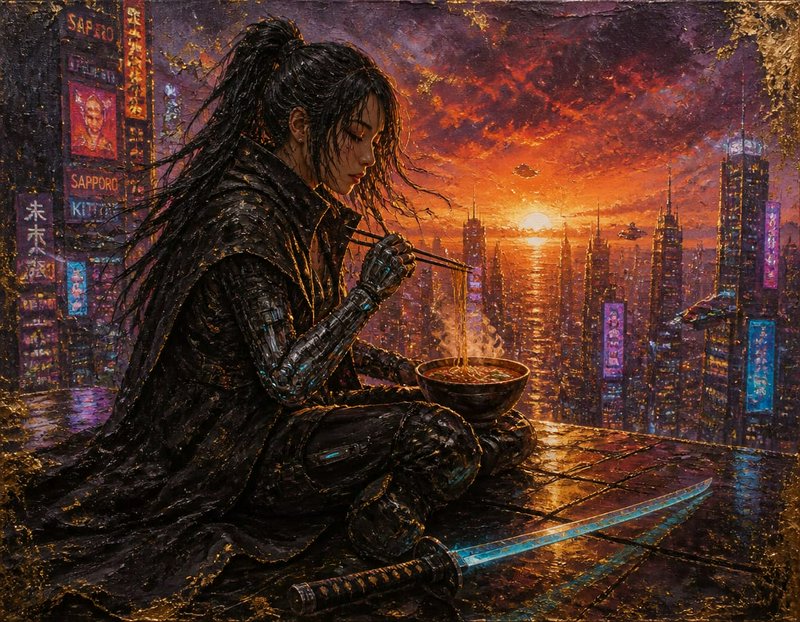 Female cyberpunk samurai with cybernetic arms eats ramen on a skyscraper rooftop overlooking a ne...