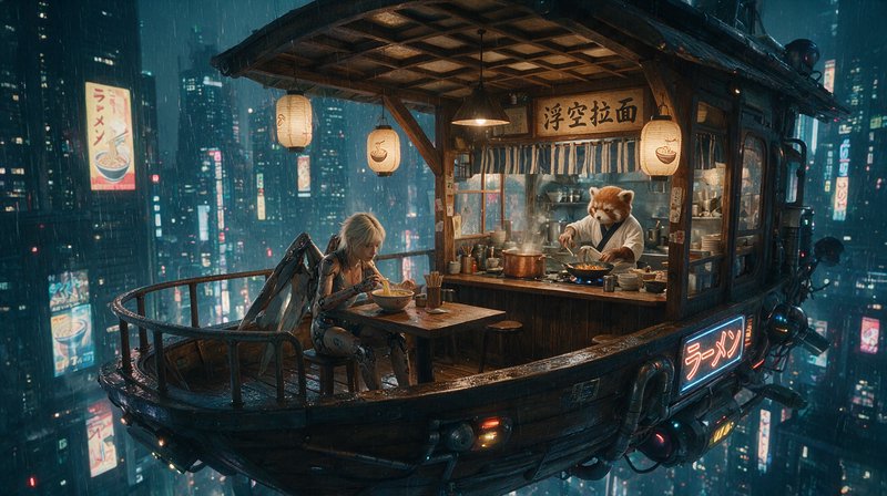 Floating cyberpunk ramen stall with red panda chef and cyborg patron hovering over rainy neon cit...