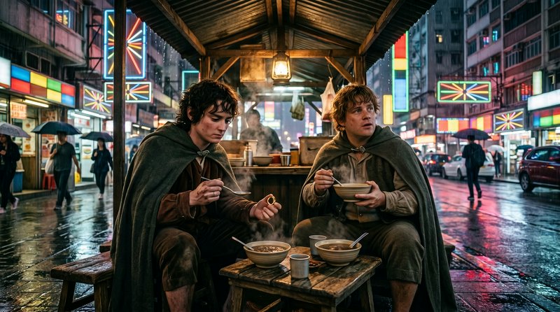 Frodo and Sam eat hot street soup at a rainy neon Hong Kong night stall, Frodo holds the One Ring