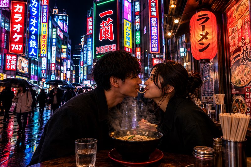 Young couple sharing a playful noodle kiss over hot ramen, outside an izakaya on a neon-lit rainy...