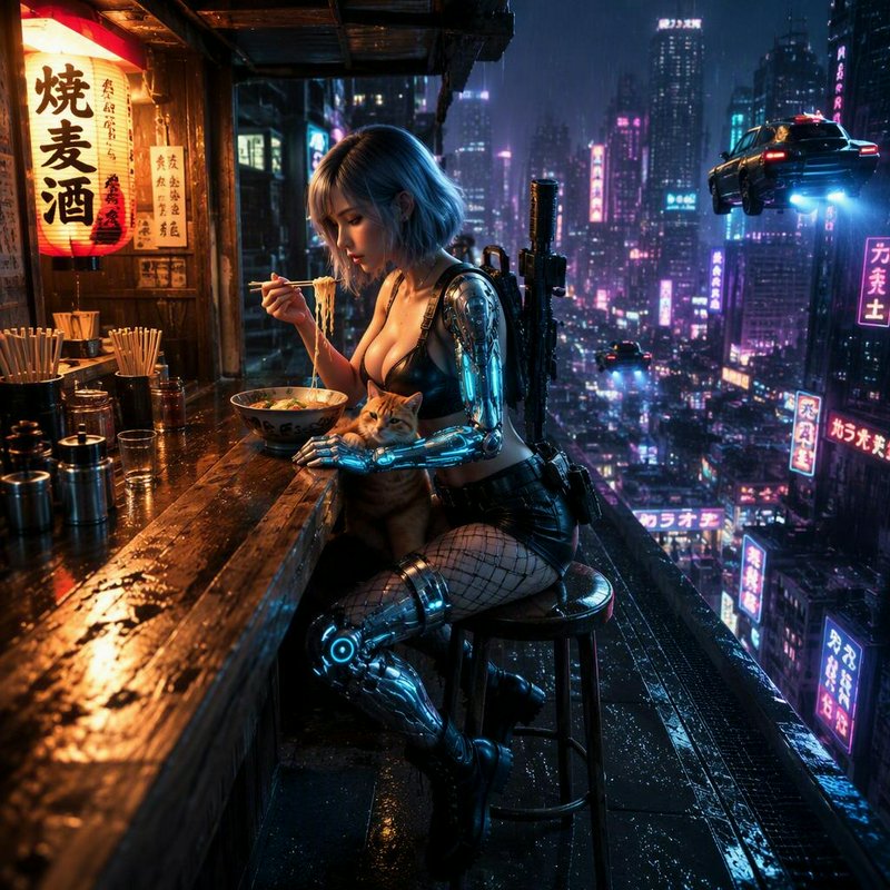 Silver-haired cyborg woman eats ramen with her orange cat at a rainy rooftop cyberpunk noodle sta...