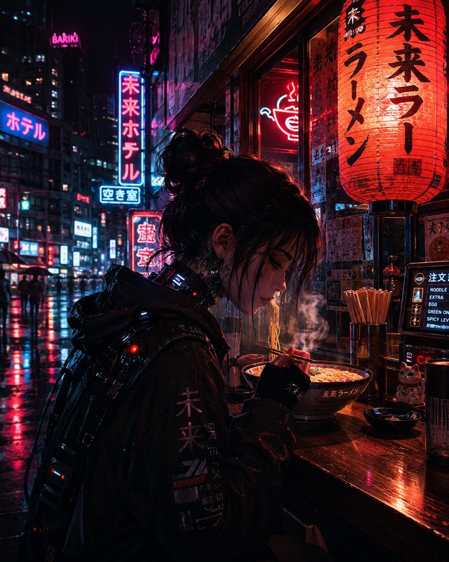 Cyberpunk young woman eats steaming ramen at a neon street stall on a rainy futuristic Tokyo night.