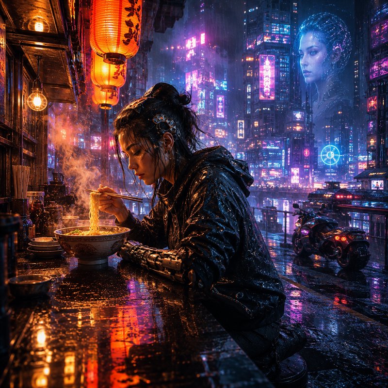 [Cyborg woman with robotic arm eats ramen at a rain-soaked street stall, overlooking a glowing neon cyberpunk city skyline]