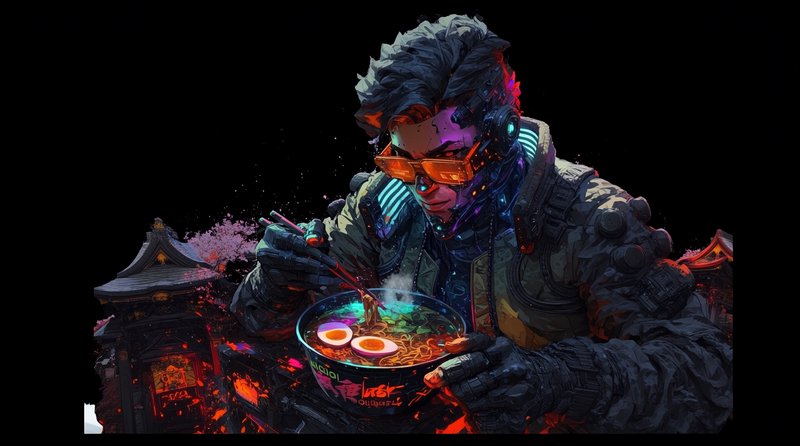 [Cyberpunk cybernetic character with orange tinted glasses eating steaming ramen, neon tech details, Japanese street backd...