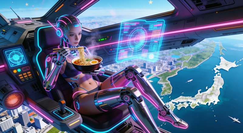 [Sleek neon cybernetic female android eats ramen while piloting a futuristic aircraft high above Japan from its cockpit]