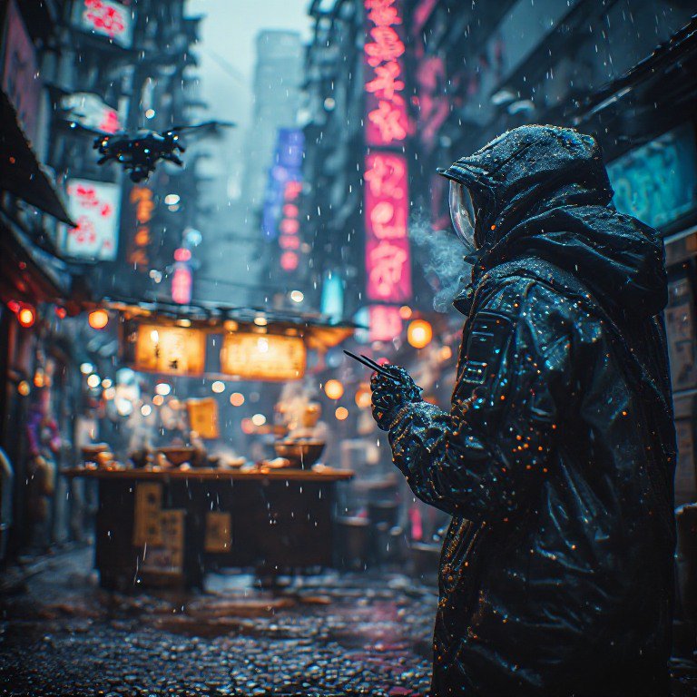 Hooded cyberpunk figure in wet rain gear stands in rainy neon-lit Asian alley market, hovering dr...