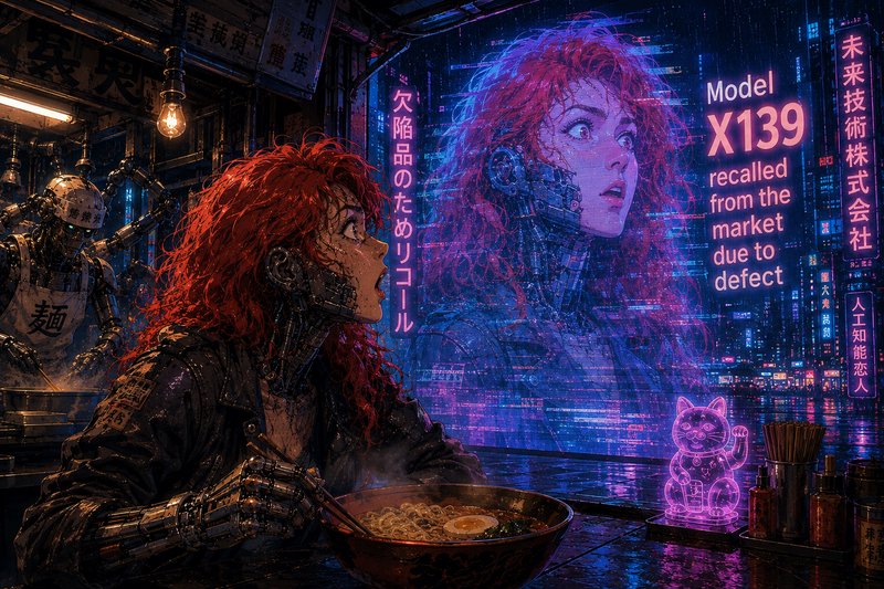 [Surprised red-haired cyborg stares at her defect recall hologram at a rainy cyberpunk ramen stall]
