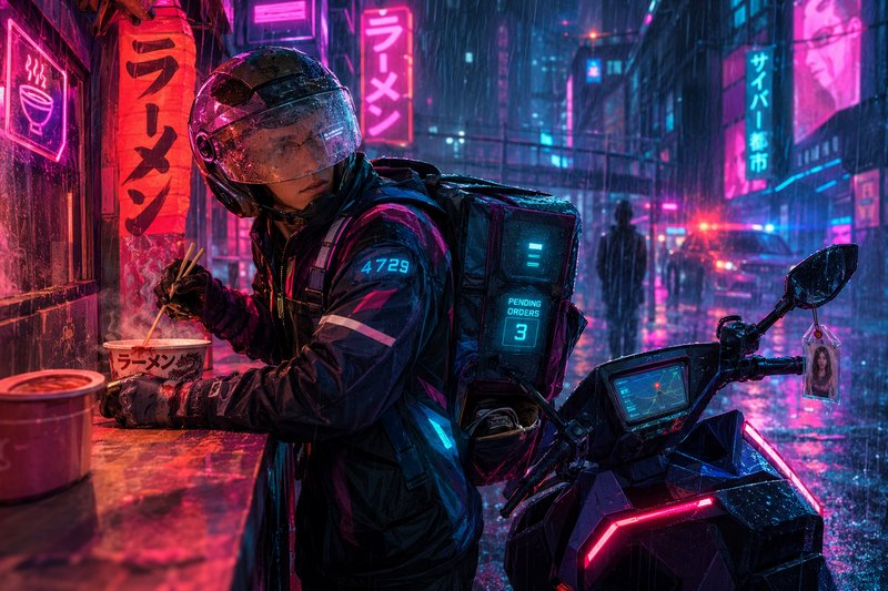 Cyberpunk delivery worker eats ramen at a rainy neon-lit futuristic city stall next to his motorbike