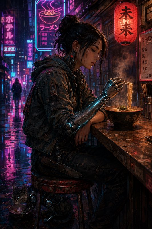 Cyberpunk woman with mechanical prosthetic arm eats ramen at a rainy neon-lit Tokyo street stall,...