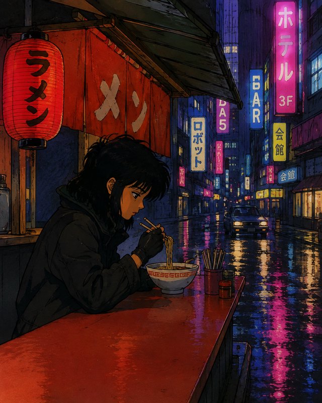 Retro anime girl eating ramen at a neon Tokyo street stall on a rainy night, glowing sign reflect...
