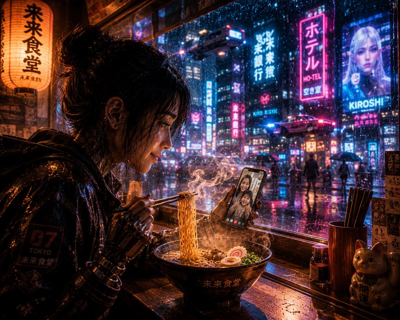 Cyberpunk cyborg woman with a mechanical arm eats steaming ramen while taking a video call at a rainy neon-lit Tokyo noodl...