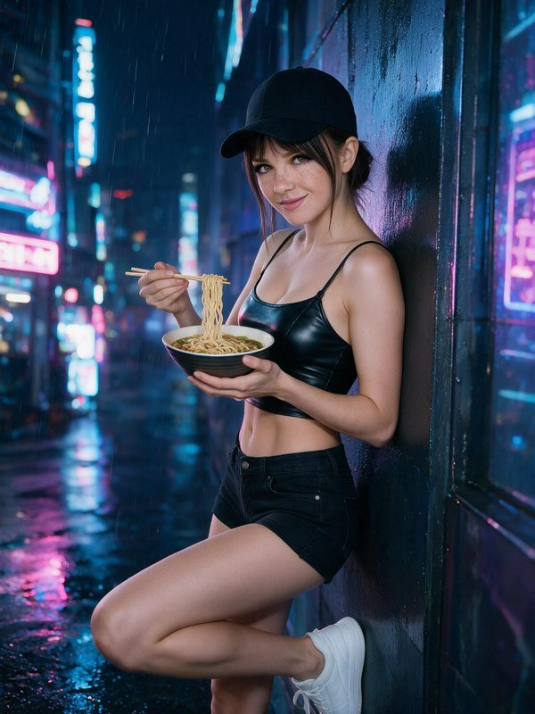 Young woman eating ramen with chopsticks in rainy neon-lit cyberpunk city alley at night