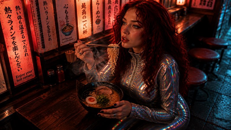 Young woman with curly red hair in a metallic silver suit eats ramen at a glowing neon Japanese s...
