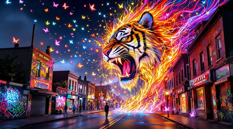 Glowing fiery neon tiger spirit floats over a graffiti-covered urban night street, surrounded by ...