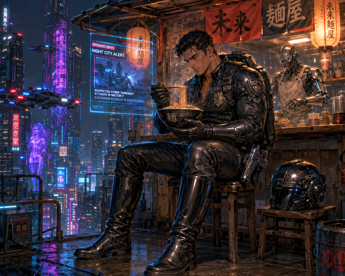 [Muscular cyberpunk police officer eats hot ramen at a neon-lit rooftop street stall in rainy futuristic Night City, robot...