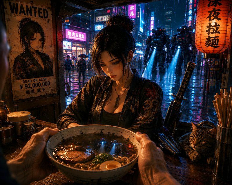 Wanted cyberpunk fugitive sits at a rainy neon ramen stall as mech police patrol the wet city str...