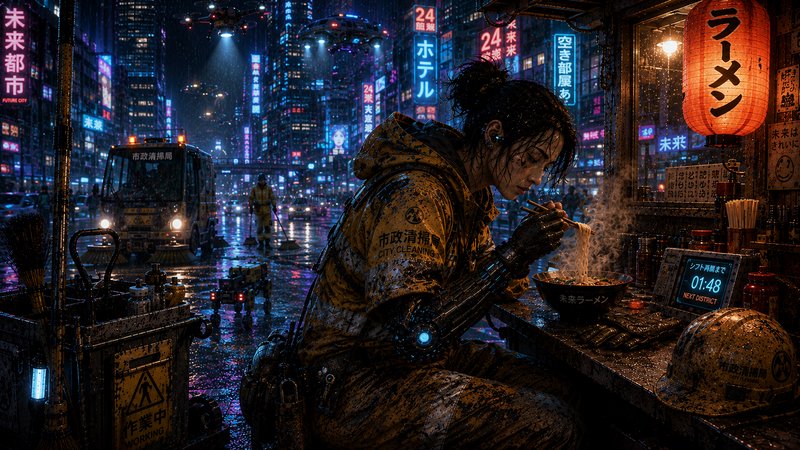 Cyberpunk municipal worker with a mechanical prosthetic arm eats ramen at a rainy neon-lit futuri...