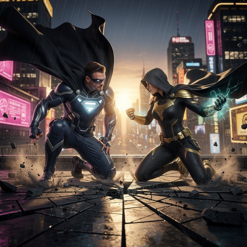 Two caped superheroes land forcefully on a cracked rain-slicked city rooftop, one wielding crackling lightning energy at s...