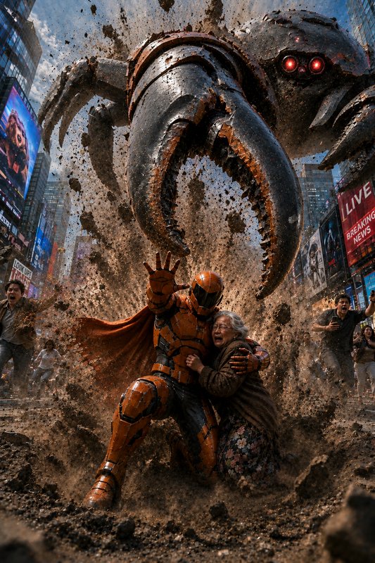 Orange armored caped superhero shields an elderly woman from a giant menacing robotic crab monster attacking a downtown