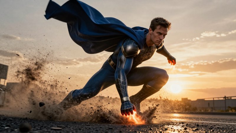 Muscular superhero lands powerfully on an asphalt road at golden sunset, billowing blue cape, glo...