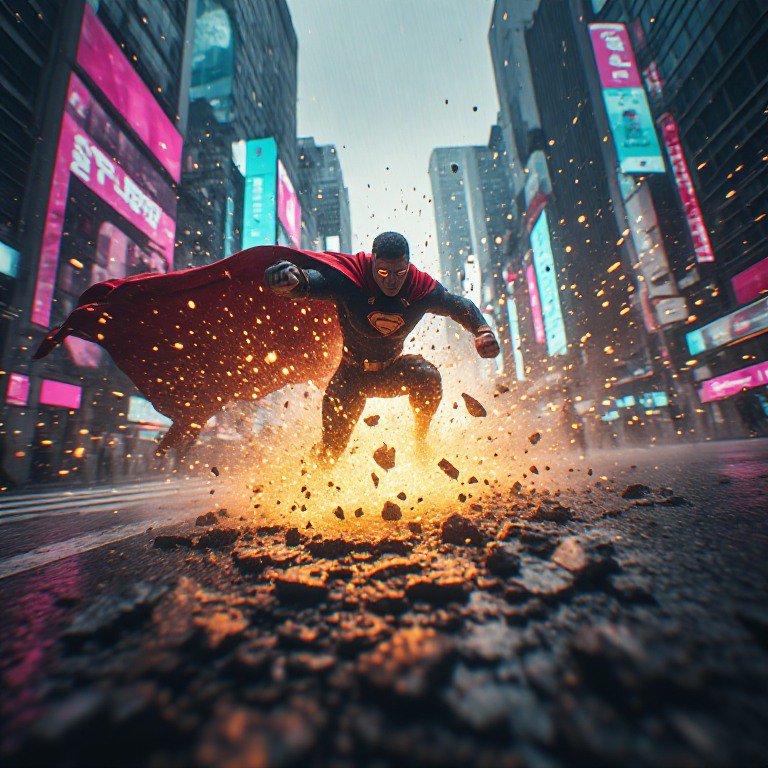 Superman lands forcefully on a downtown city street, shattering asphalt with glowing eyes and a b...