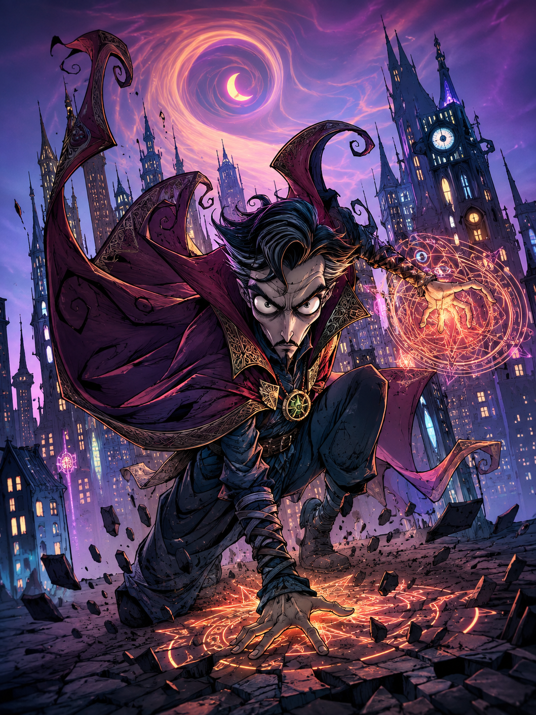 [Stylized Doctor Strange casts glowing arcane magic runes, crouched over crumbling gothic city pavement under a swirling p...