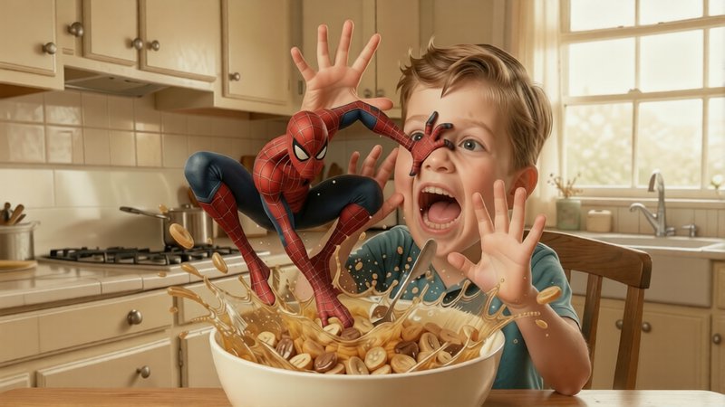 Wide-eyed shocked boy reacts as tiny Spider-Man leaps from splashing breakfast cereal in a sunlit...